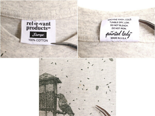 90s USA製 rel e vant products 鳥 イラスト プリント Tシャツ メンズ レディース L 古着 オールド アニマル アート シングルステッチ 総柄