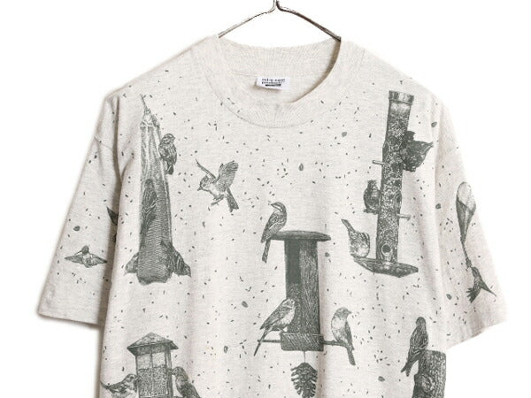 90s USA製 rel e vant products 鳥 イラスト プリント Tシャツ メンズ レディース L 古着 オールド アニマル アート シングルステッチ 総柄