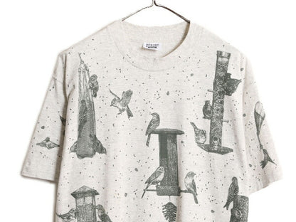 90s USA製 rel e vant products 鳥 イラスト プリント Tシャツ メンズ レディース L 古着 オールド アニマル アート シングルステッチ 総柄
