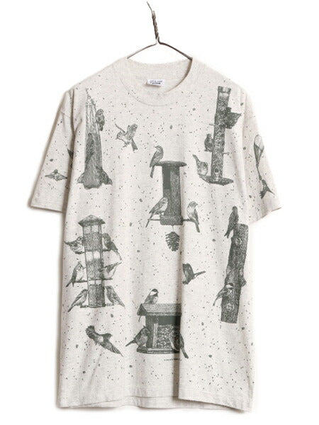 90s USA製 rel e vant products 鳥 イラスト プリント Tシャツ メンズ レディース L 古着 オールド アニマル アート シングルステッチ 総柄