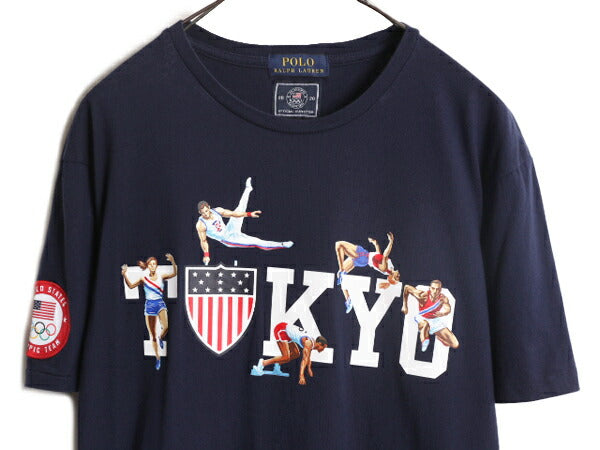 デッドストック ポロ ラルフローレン プリント 半袖 Tシャツ メンズ M 東京 オリンピック 星条旗 アメリカ 代表 限定 シングルステッチ 紺