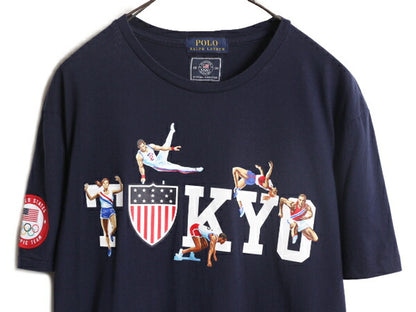 デッドストック ポロ ラルフローレン プリント 半袖 Tシャツ メンズ M 東京 オリンピック 星条旗 アメリカ 代表 限定 シングルステッチ 紺
