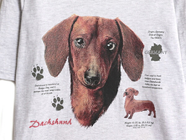 90s ドッグ イラスト プリント Tシャツ メンズ レディース M 古着 オールド 当時物 アート イヌ アニマル ダックスフント WILDSIDE グレー