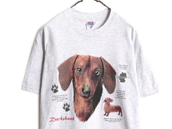 90s ドッグ イラスト プリント Tシャツ メンズ レディース M 古着 オールド 当時物 アート イヌ アニマル ダックスフント WILDSIDE グレー