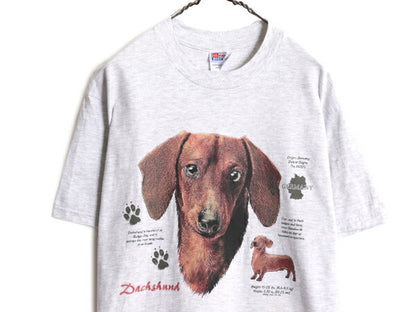 90s ドッグ イラスト プリント Tシャツ メンズ レディース M 古着 オールド 当時物 アート イヌ アニマル ダックスフント WILDSIDE グレー