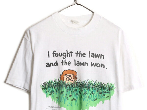 90s USA製 ジョーク イラスト プリント Tシャツ メンズ L 古着 オールド 当時物 メッセージ ヘビーウェイト コットン シングルステッチ 白