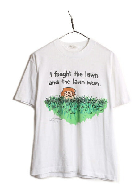 90s USA製 ジョーク イラスト プリント Tシャツ メンズ L 古着 オールド 当時物 メッセージ ヘビーウェイト コットン シングルステッチ 白