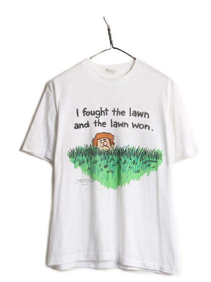 90s USA製 ジョーク イラスト プリント Tシャツ メンズ L 古着 オールド 当時物 メッセージ ヘビーウェイト コットン シングルステッチ 白