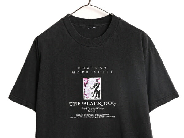 ワイン 企業 ブラック ドッグ プリント 半袖 Tシャツ メンズ L 程 古着 プリントTシャツ ヘビーウェイト 企業物 アニマル イヌ イラスト 黒