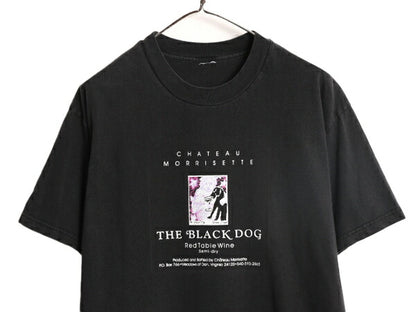 ワイン 企業 ブラック ドッグ プリント 半袖 Tシャツ メンズ L 程 古着 プリントTシャツ ヘビーウェイト 企業物 アニマル イヌ イラスト 黒