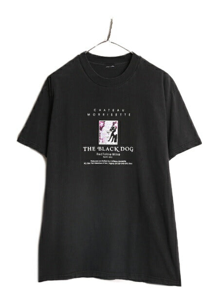 ワイン 企業 ブラック ドッグ プリント 半袖 Tシャツ メンズ L 程 古着 プリントTシャツ ヘビーウェイト 企業物 アニマル イヌ イラスト 黒