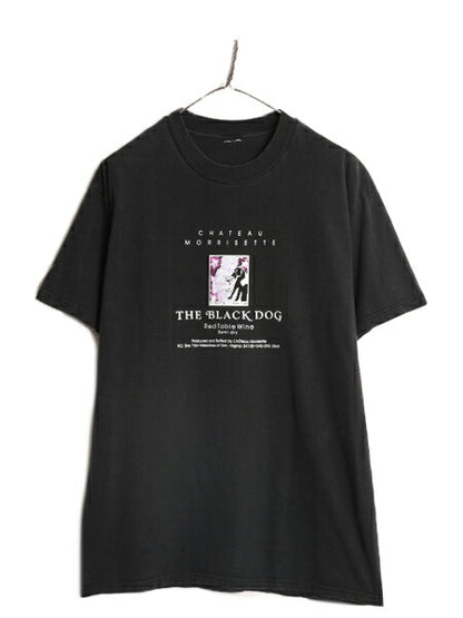 ワイン 企業 ブラック ドッグ プリント 半袖 Tシャツ メンズ L 程 古着 プリントTシャツ ヘビーウェイト 企業物 アニマル イヌ イラスト 黒