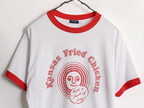 80s USA製 企業 ロゴ プリント リンガー Tシャツ メンズ L 小さめ S 程/ 80年代 ヴィンテージ 半袖Tシャツ 当時物 企業物 シングルステッチ