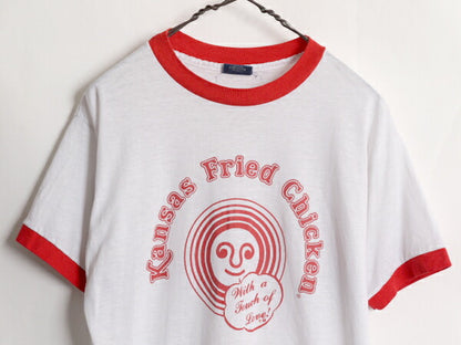 80s USA製 企業 ロゴ プリント リンガー Tシャツ メンズ L 小さめ S 程/ 80年代 ヴィンテージ 半袖Tシャツ 当時物 企業物 シングルステッチ