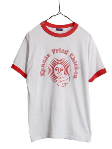 80s USA製 企業 ロゴ プリント リンガー Tシャツ メンズ L 小さめ S 程/ 80年代 ヴィンテージ 半袖Tシャツ 当時物 企業物 シングルステッチ