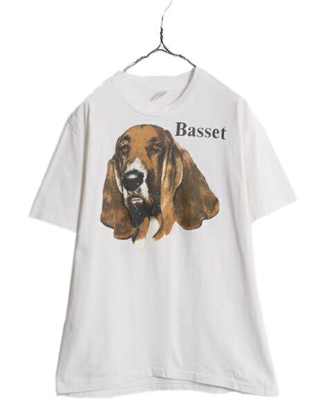 90s ドッグ イラスト プリント 半袖 Tシャツ メンズ レディース M / 古着 90年代 オールド アート イヌ アニマル バセット ヘビーウェイト