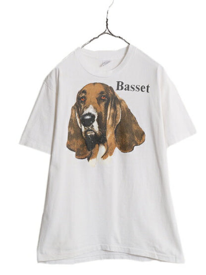 90s ドッグ イラスト プリント 半袖 Tシャツ メンズ レディース M / 古着 90年代 オールド アート イヌ アニマル バセット ヘビーウェイト