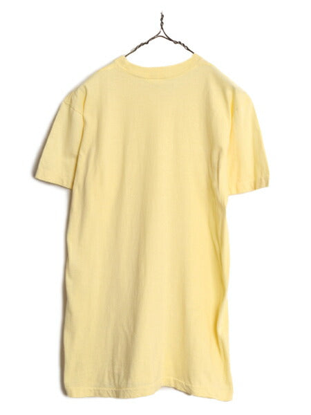 80s USA製 ポケット付き 無地 半袖 Tシャツ メンズ L 小さめ M 程/ 80年代 ヴィンテージ ポケT 無地T シングルステッチ 耳付き 耳 イエロー