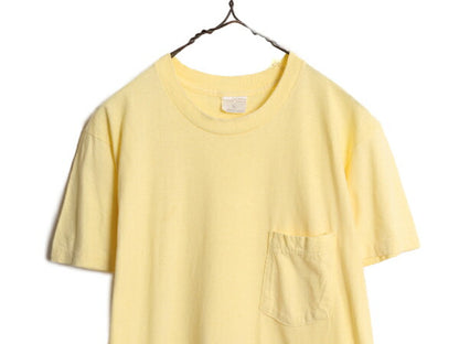 80s USA製 ポケット付き 無地 半袖 Tシャツ メンズ L 小さめ M 程/ 80年代 ヴィンテージ ポケT 無地T シングルステッチ 耳付き 耳 イエロー