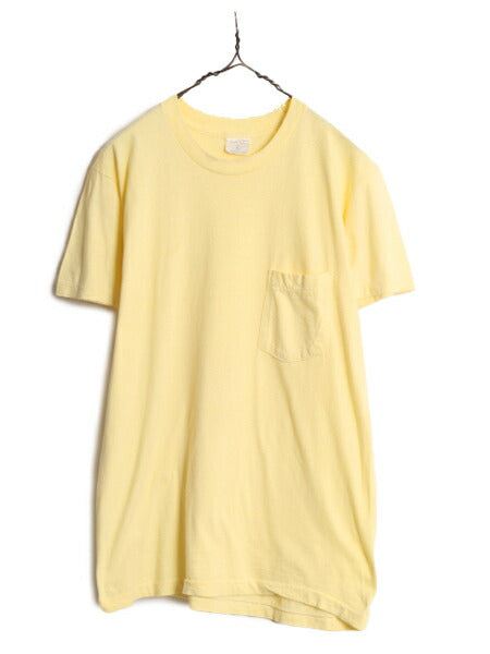 80s USA製 ポケット付き 無地 半袖 Tシャツ メンズ L 小さめ M 程/ 80年代 ヴィンテージ ポケT 無地T シングルステッチ 耳付き 耳 イエロー