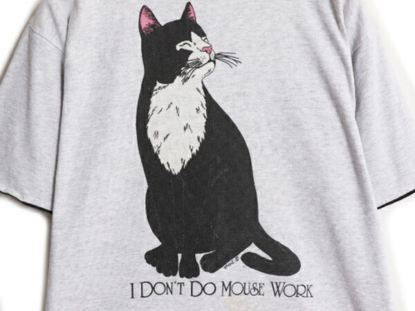 USA製 ネコ イラスト プリント 半袖 Tシャツ メンズ レディース M 古着 アニマル 猫 アート グラフィック ヘビーウェイト 二重リブ グレー