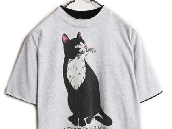 USA製 ネコ イラスト プリント 半袖 Tシャツ メンズ レディース M 古着 アニマル 猫 アート グラフィック ヘビーウェイト 二重リブ グレー