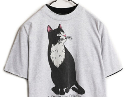 USA製 ネコ イラスト プリント 半袖 Tシャツ メンズ レディース M 古着 アニマル 猫 アート グラフィック ヘビーウェイト 二重リブ グレー