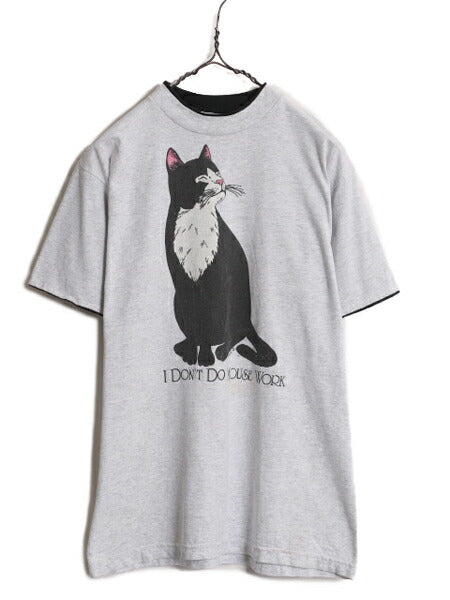 USA製 ネコ イラスト プリント 半袖 Tシャツ メンズ レディース M 古着 アニマル 猫 アート グラフィック ヘビーウェイト 二重リブ グレー