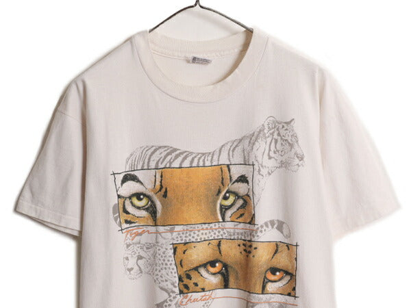 90s USA製 アニマル アート イラスト プリント Tシャツ メンズ L / オールド グラフィック シングルステッチ タイガー チーター ライオン