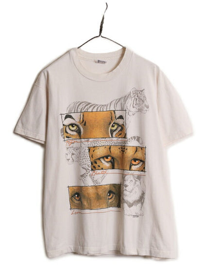 90s USA製 アニマル アート イラスト プリント Tシャツ メンズ L / オールド グラフィック シングルステッチ タイガー チーター ライオン
