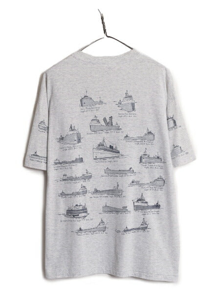 90s USA製 クラシック シップ 船 イラスト プリント Tシャツ メンズ XL オールド グラフィック アート シングルステッチ 大きいサイズ 総柄