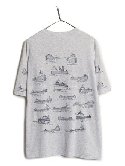 90s USA製 クラシック シップ 船 イラスト プリント Tシャツ メンズ XL オールド グラフィック アート シングルステッチ 大きいサイズ 総柄