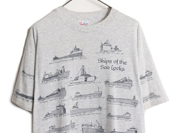 90s USA製 クラシック シップ 船 イラスト プリント Tシャツ メンズ XL オールド グラフィック アート シングルステッチ 大きいサイズ 総柄