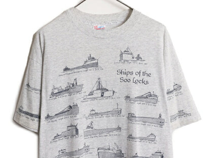 90s USA製 クラシック シップ 船 イラスト プリント Tシャツ メンズ XL オールド グラフィック アート シングルステッチ 大きいサイズ 総柄