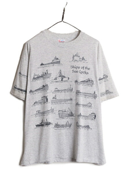 90s USA製 クラシック シップ 船 イラスト プリント Tシャツ メンズ XL オールド グラフィック アート シングルステッチ 大きいサイズ 総柄