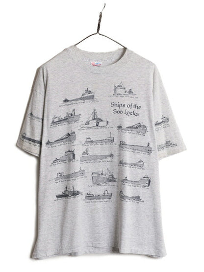 90s USA製 クラシック シップ 船 イラスト プリント Tシャツ メンズ XL オールド グラフィック アート シングルステッチ 大きいサイズ 総柄