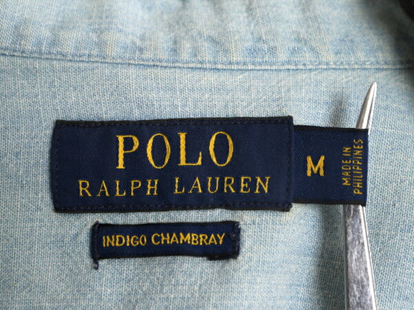 ポロ ラルフローレン 半袖 シャンブレー シャツ メンズ M / 古着 半袖シャツ 100% コットン ワンポイント ワーク BD ポケット付き 無地 青