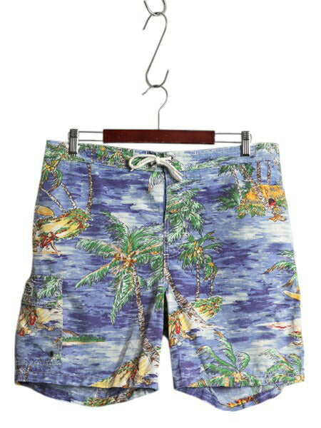 00s ポロ ラルフローレン 総柄 ショートパンツ メンズ L 古着 オールド スイム サーフ ショーツ 短パン 海パン 水陸両用 アロハ ハワイアン