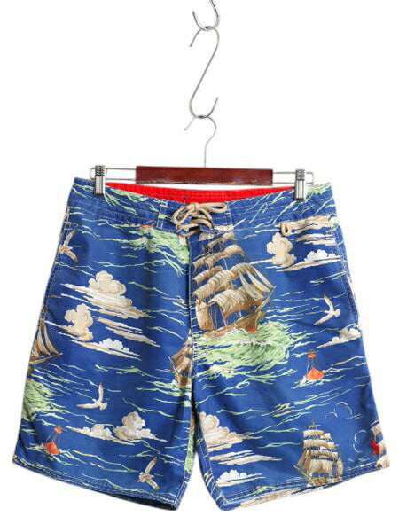 ポロ ラルフローレン 総柄 ショートパンツ メンズ 32 / スイム サーフ ショーツ 水陸両用 インナー付き 短パン 海パン アロハ ハワイアン