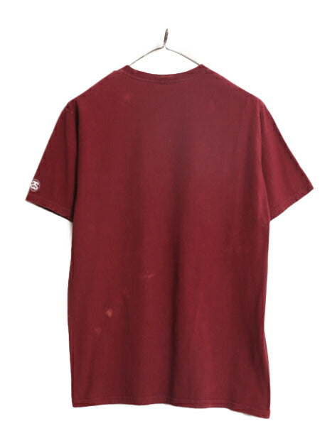 ステューシー プリント 半袖 Tシャツ メンズ M 古着 STUSSY 半袖Tシャツ プリントT ロゴT SSリンク ヘビーウェイト コットン バーガンディ