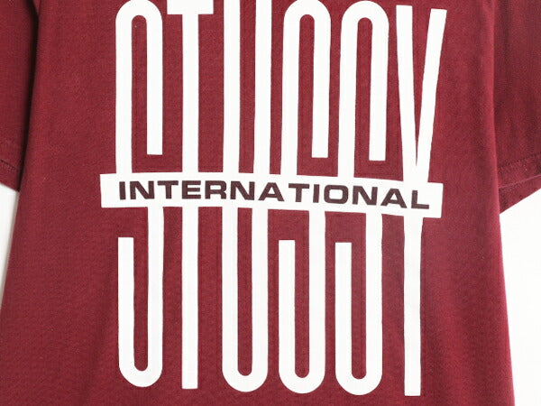 ステューシー プリント 半袖 Tシャツ メンズ M 古着 STUSSY 半袖Tシャツ プリントT ロゴT SSリンク ヘビーウェイト コットン バーガンディ