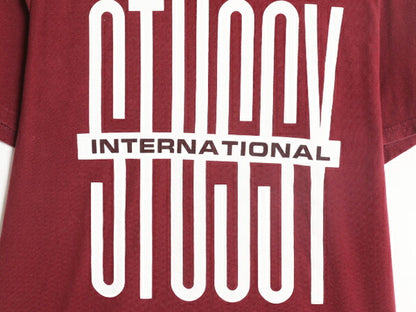 ステューシー プリント 半袖 Tシャツ メンズ M 古着 STUSSY 半袖Tシャツ プリントT ロゴT SSリンク ヘビーウェイト コットン バーガンディ