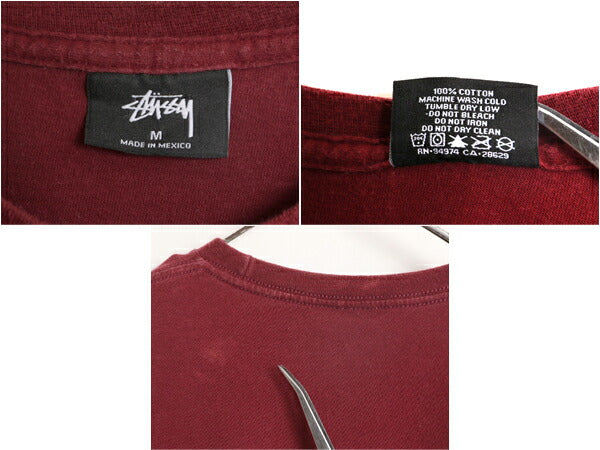 ステューシー プリント 半袖 Tシャツ メンズ M 古着 STUSSY 半袖Tシャツ プリントT ロゴT SSリンク ヘビーウェイト コットン バーガンディ