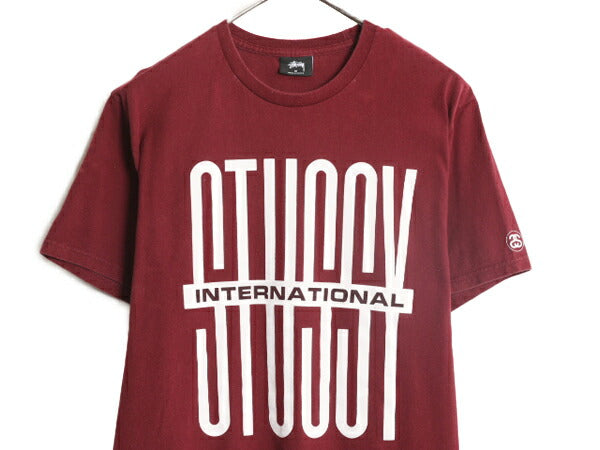 ステューシー プリント 半袖 Tシャツ メンズ M 古着 STUSSY 半袖Tシャツ プリントT ロゴT SSリンク ヘビーウェイト コットン バーガンディ