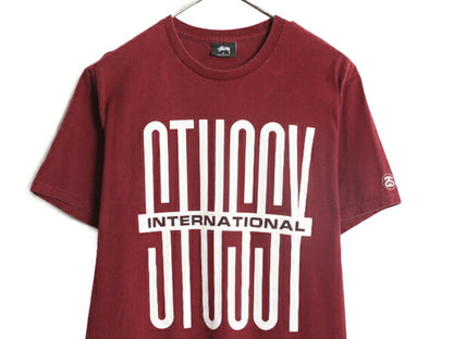 ステューシー プリント 半袖 Tシャツ メンズ M 古着 STUSSY 半袖Tシャツ プリントT ロゴT SSリンク ヘビーウェイト コットン バーガンディ