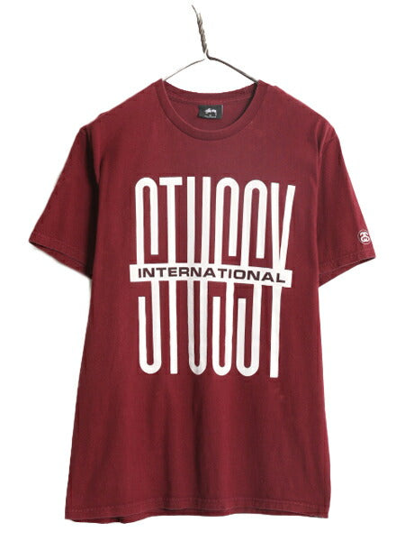 ステューシー プリント 半袖 Tシャツ メンズ M 古着 STUSSY 半袖Tシャツ プリントT ロゴT SSリンク ヘビーウェイト コットン バーガンディ