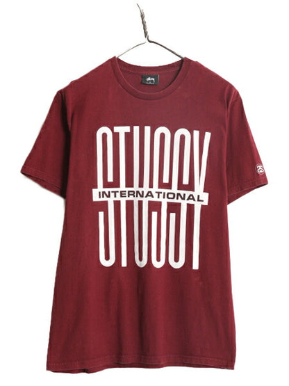 ステューシー プリント 半袖 Tシャツ メンズ M 古着 STUSSY 半袖Tシャツ プリントT ロゴT SSリンク ヘビーウェイト コットン バーガンディ