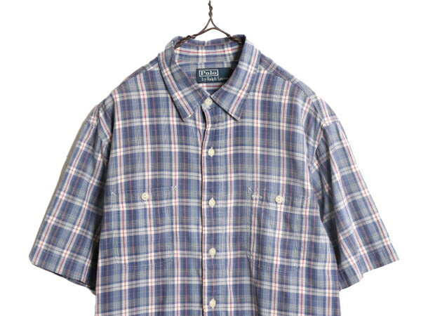 90s ポロ ラルフローレン チェック 半袖 シャツ メンズ L 古着 90年代 オールド マルチカラー コットン ポニー無し ポケット付き マチ付き