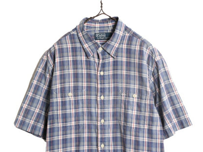 90s ポロ ラルフローレン チェック 半袖 シャツ メンズ L 古着 90年代 オールド マルチカラー コットン ポニー無し ポケット付き マチ付き
