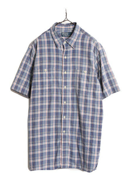90s ポロ ラルフローレン チェック 半袖 シャツ メンズ L 古着 90年代 オールド マルチカラー コットン ポニー無し ポケット付き マチ付き
